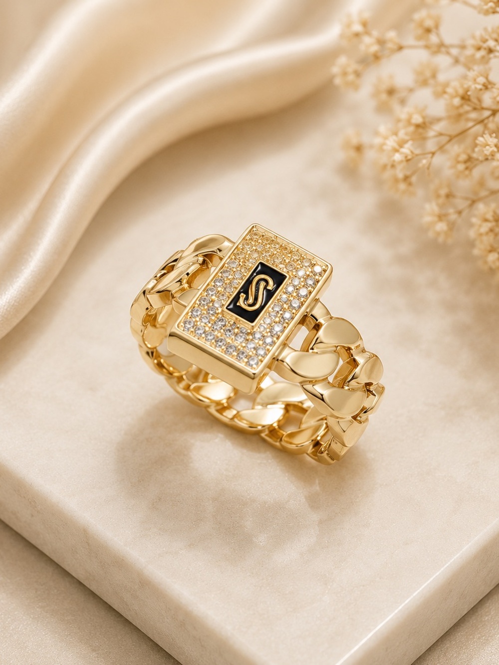 14K Gold filled Initial 'S' Chain-Link Signet Ring - With AAA CZ. Stamped. Size9